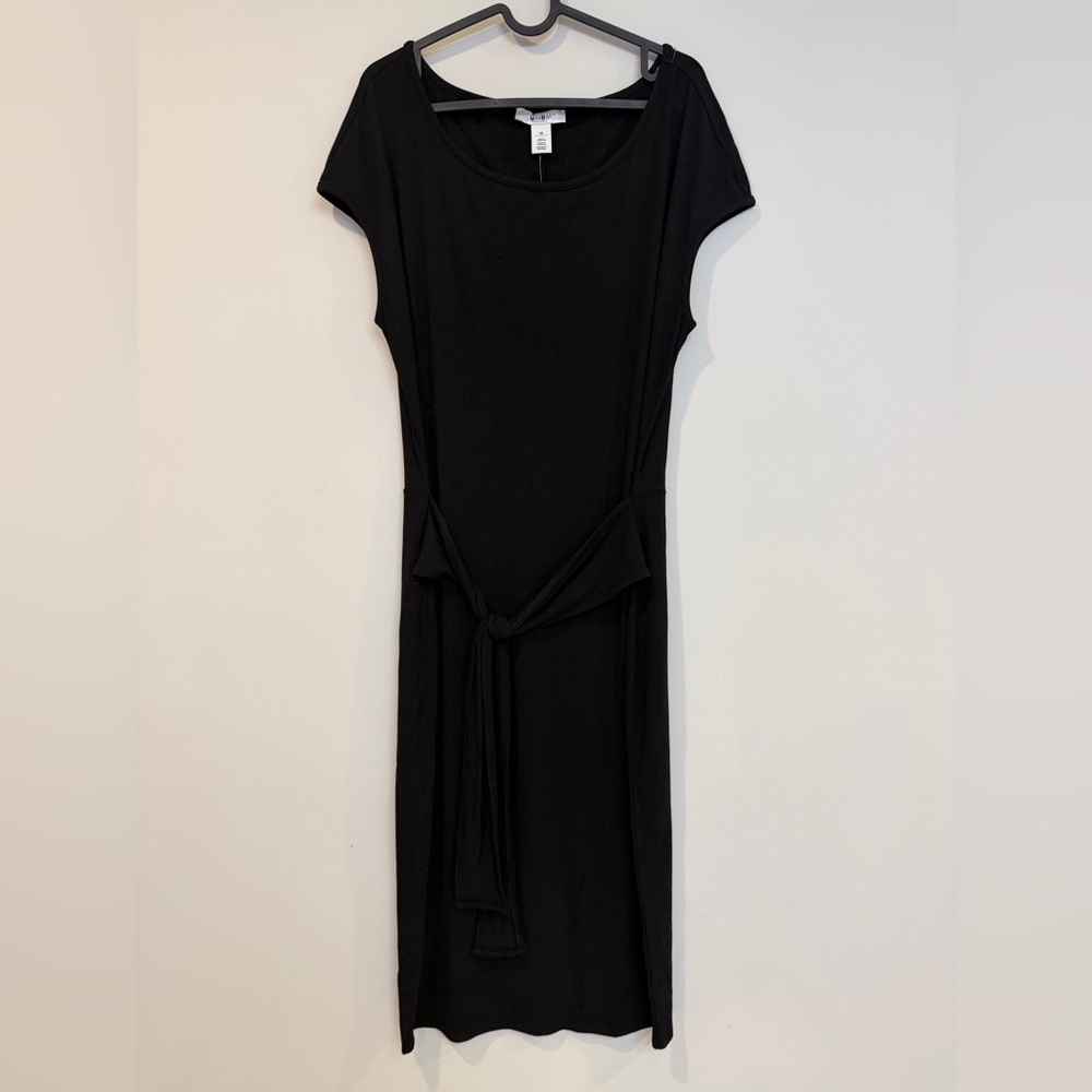 NWT WHBM Front tie ribbed black cap‎ sleeve midi dress M